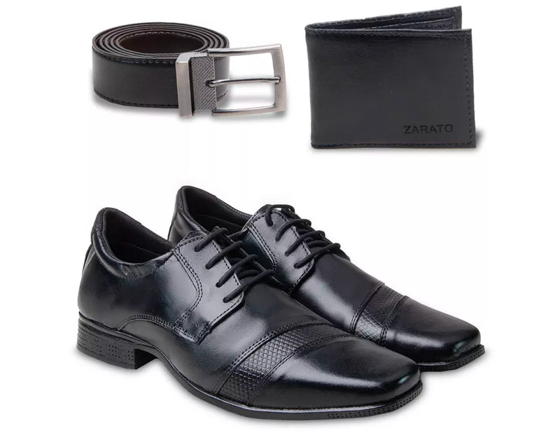 Kit Social Sapato em Couro com Cinto e Carteira de Brinde 150 Preto | Elegância Completa 37 ao 44